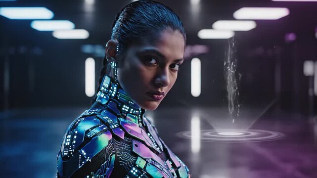 Cybernetic woman in a futuristic bodysuit displaying glowing circuit patterns and robotic features, representing advanced technology, artificial intelligence, and the future of humanity