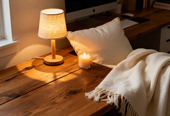 A cozy home office desk with a warm lamp and a lit candle. Comfortable workspace with a soft blanket and pillow for relaxation and work-life balance. Hygge lifestyle concept
