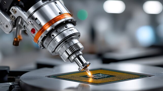 Robotic arm laser etching microchip in factory - Powered by Adobe