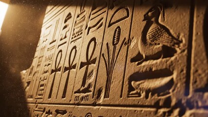 Ancient egyptian hieroglyphs carved into a stone wall inside a tomb, revealing detailed symbols and an ankh sign, illuminated by a dusty sunbeam filtering through the darkness - Powered by Adobe