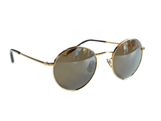 Golden wire-frame round sunglasses; brown lenses on black background