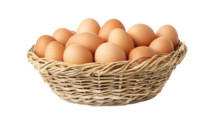 Brown eggs in woven basket isolated on a transparent background