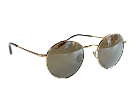 Golden wire-frame round sunglasses; brown lenses on black background