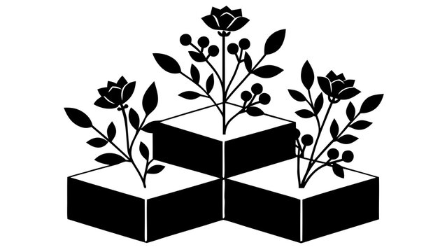 Stylized black and white illustration of three blooming flowers in cubes