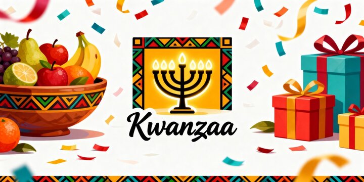 Kwanzaa celebration background with traditional symbols. Festive illustration of a Kinara, Mazao fruit bowl, and gifts for the African-American holiday