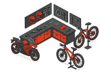 Isometric view of a garage workshop with a motorcycle, two bicycles, tools, and repair equipment