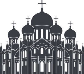 Dark gray Orthodox church with domes and crosses building