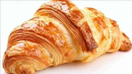 A croissant is sitting on a white background. The croissant is golden brown and has a glaze on it - Powered by Adobe