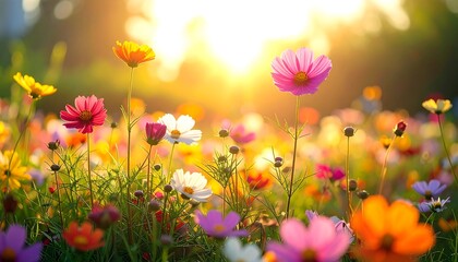 Fototapeta premium Colorful cosmos flowers in full bloom with a warm, bright sunset backdrop