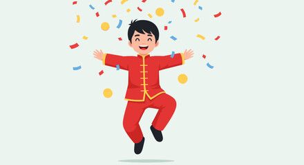 Joyful Boy Celebrating Chinese New Year with Confetti.