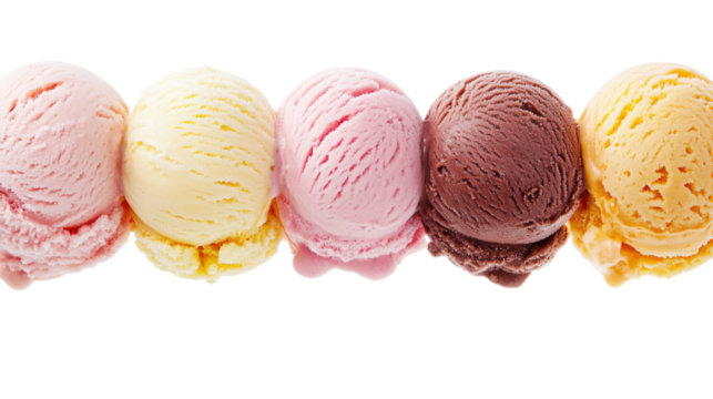 Five scoops of assorted ice cream isolated on a transparent background