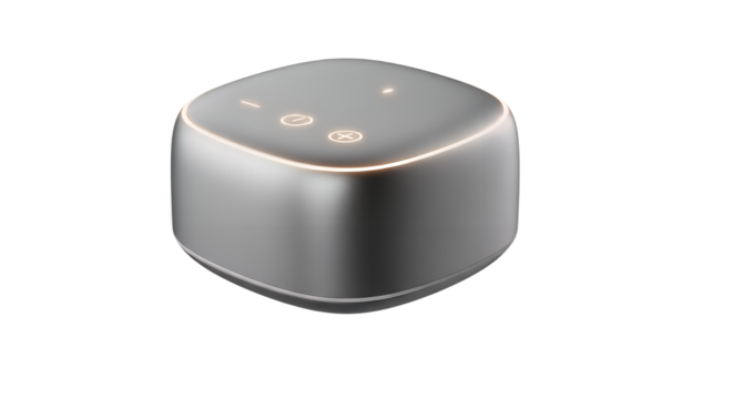Sleek dark gray smart home assistant device with glowing minimalist controls, showcasing advanced technology and modern design, isolated on a clean transparent background