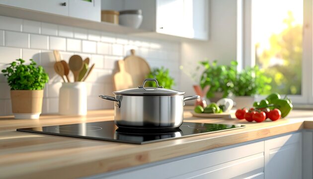 Bright, modern kitchen with vegetables, herbs, & cooking pot in foreground, sunlit window & white cabinets background