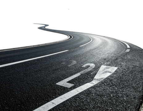 Asphalt road curves sharply, markings visible, dark backdrop, evokes travel
