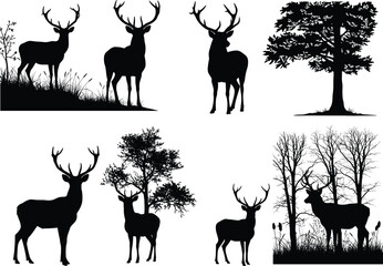 Deer and tree silhouette illustrations in 2-row grid, antlered wildlife with varied vegetation vector design, nature and habitat concept © Sagar