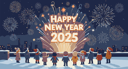 People Celebrating New Year 2025 with Fireworks Display.