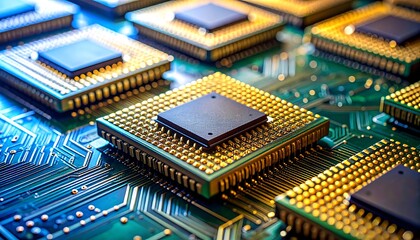 Close-up of microchips with golden pins against a green circuit board, highlighting technology and detail