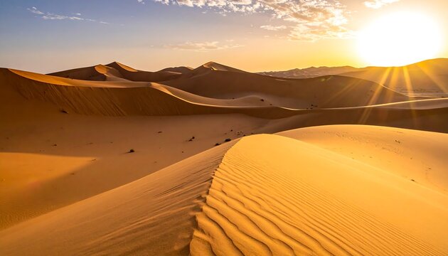 Sun sets over rolling desert sand dunes, casting warm light and long shadows over the undulating landscape