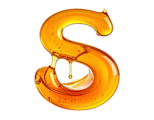 A glossy letter "S" crafted from golden liquid, droplets suspended, black background