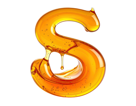 A glossy letter "S" crafted from golden liquid, droplets suspended, black background