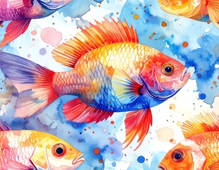 Watercolor depiction of colorful tropical fish swimming in a vibrant blue and white, watery environment. Features vibrant scales and fins