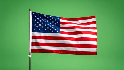Fototapeta premium Waving U.S. flag with red & white stripes and stars against a bright green backdrop