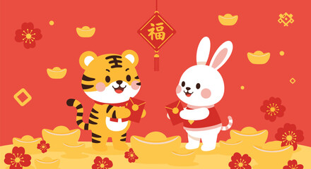 Tiger and Rabbit Celebrating Chinese New Year with Gold Ingots.