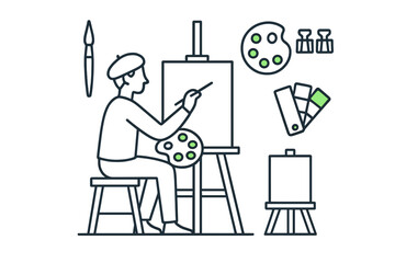 Artist painting on canvas using a brush and palette surrounded by art supplies