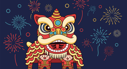 Vibrant Lion Dance Performance with Festive Fireworks Display.