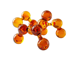 Amber molecule with spherical atoms against a stark black background