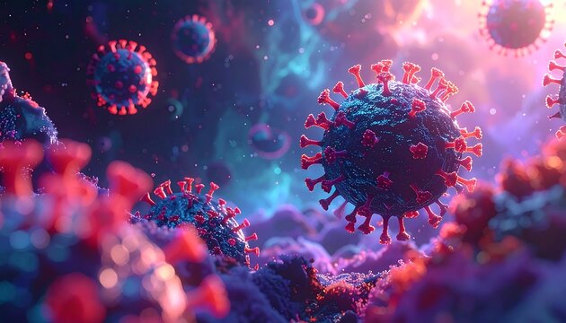 Microscopic view of textured, spiky, spherical structures floating in colorful nebulous space, with bokeh lights