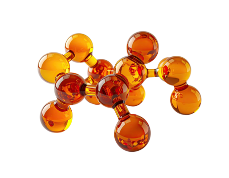 Amber molecule with spherical atoms against a stark black background