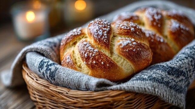 Braided challah bread in basket with pearl sugar