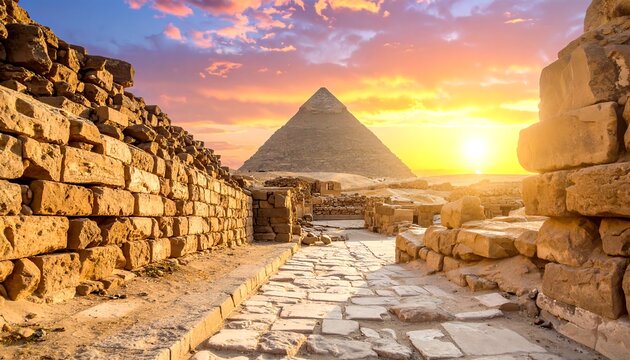 Egyptian pyramid at sunset, framed by weathered brick walls, creating an ancient path