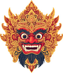 A vibrant and intricate Balinese Barong mask, a mythical creature from Balinese Hinduism, with a fierce expression and ornate golden headdress.