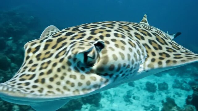 Leopard whipray (himantura uarnak) swimming gracefully over a vibrant coral reef in clear blue ocean water, showcasing its distinctive spotted pattern and marine habitat