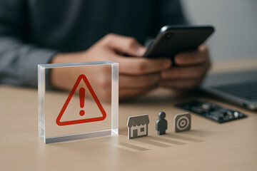Clear Block with Red Warning Sign and Business Icons