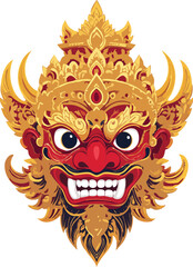 A vibrant and ornate depiction of a traditional Balinese demon mask, characterized by its fierce expression and intricate golden headdress.