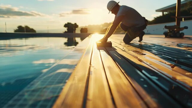 A man cleaning the pool deck at dawn with a sunrise in the background.