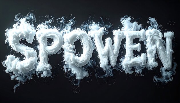 SPOWEN" rendered in textured, cloud-like white smoke against a dark backdrop, creating an ethereal effect