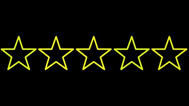 Rating stars vector icon.  Yellow Five stars customer product on black background. Star icon vector. Classic rank isolated.