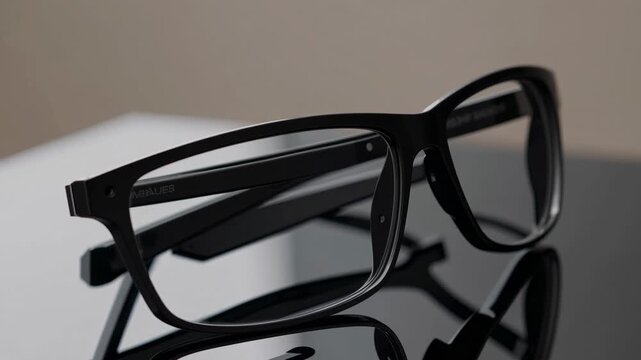 Close-up of black eyeglasses on a reflective surface, shot from a low angle. Minimalist style, ideal for a sleek product video presentation.