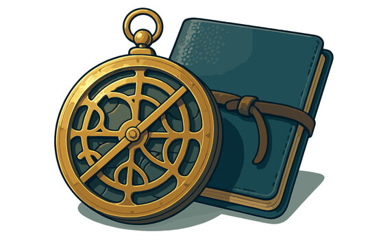 Golden astrolabe and leather journal symbolizing historical navigation and discovery