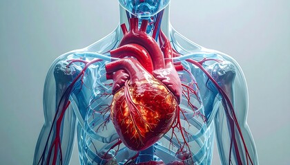Anatomical visualization of a human heart with visible veins and arteries on a light background