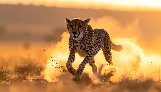 Cheetah running through dust in golden light, focused, with bright orange hue and blurred background on the African savanna - Powered by Adobe