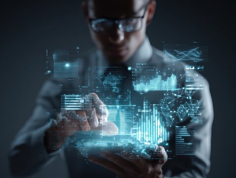 A man in glasses interacts with a holographic interface displaying charts and graphs, representing data analysis