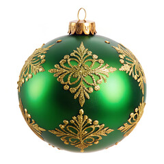 Green ball with a gold pattern as a decoration for Christmas tree on white background.