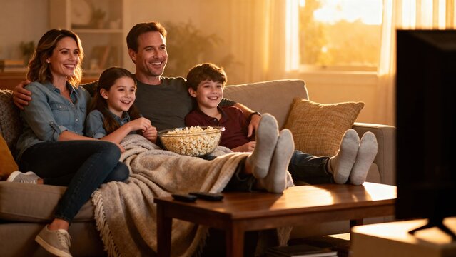 Family enjoying movie night together on sofa with popcorn at home  