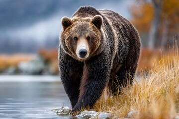 Fototapeta premium Grizzly bear walking along river bank in wilderness