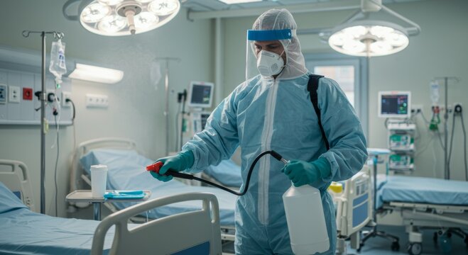 Healthcare worker disinfecting hospital room in protective gear - Powered by Adobe